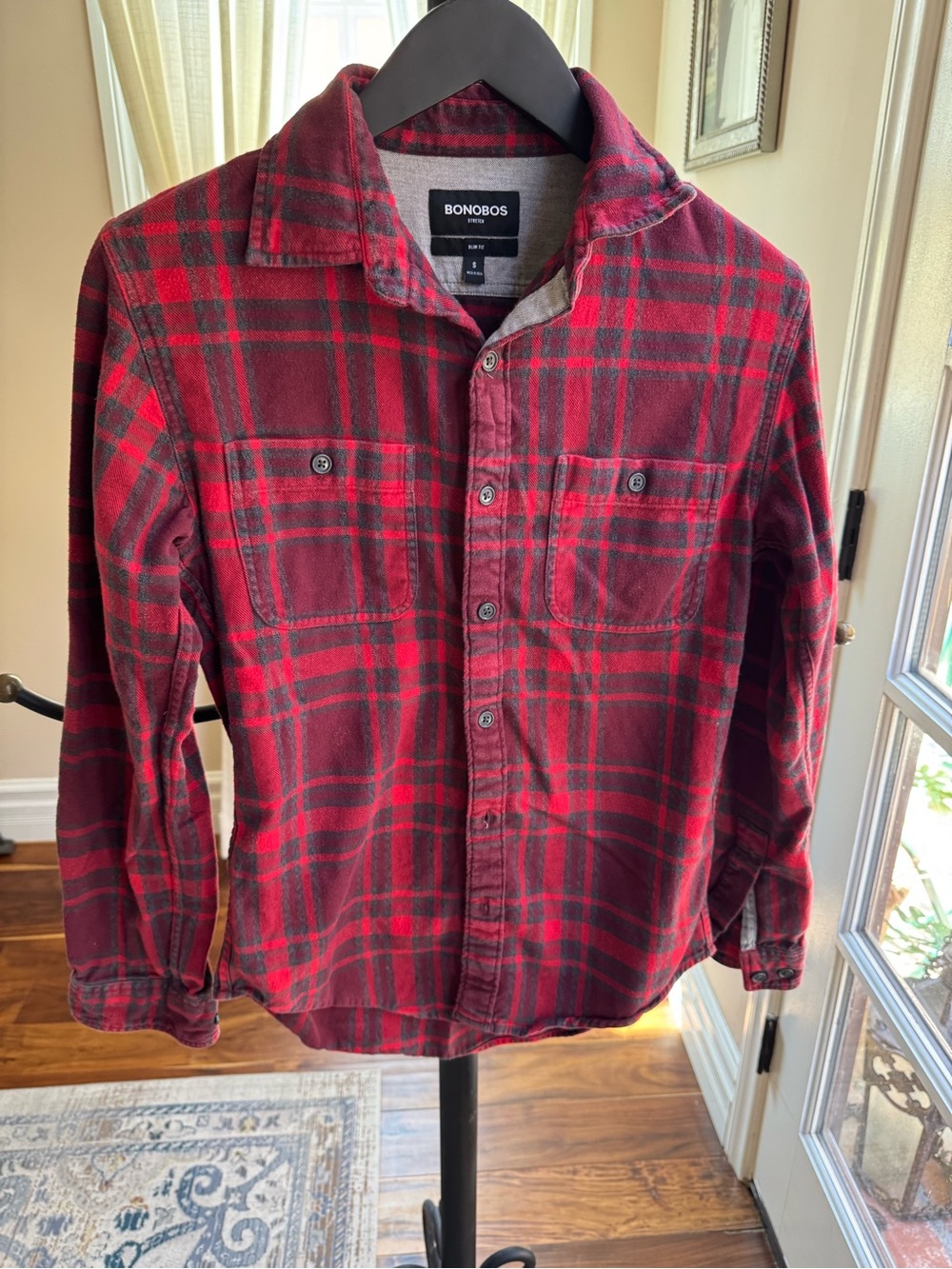 Bonobos Men's Red Plaid Button-Up Shirt Flannel size Small slim Fit